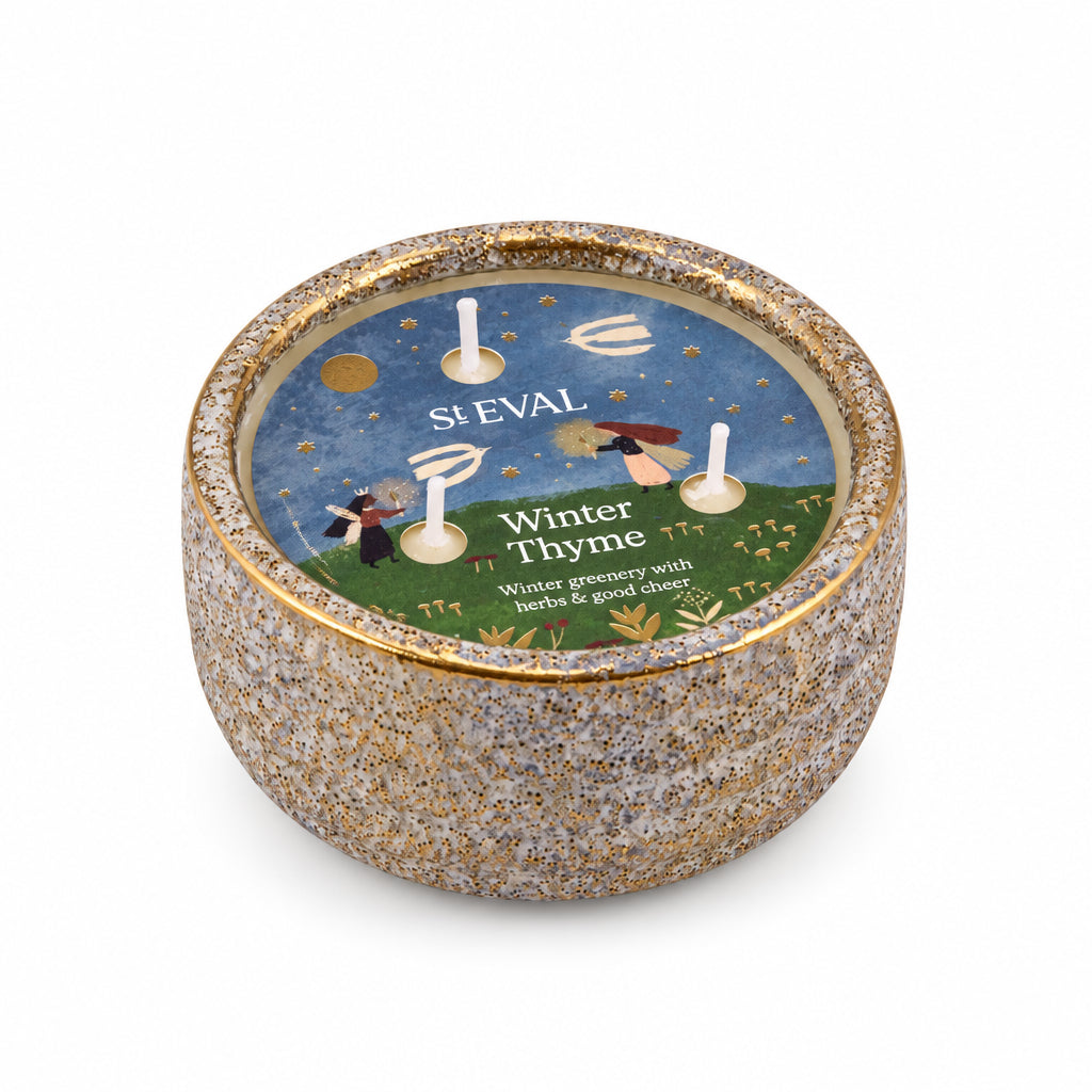 Winter Thyme Small Alchemy Pot Candle with illustrated lid label on a cream background