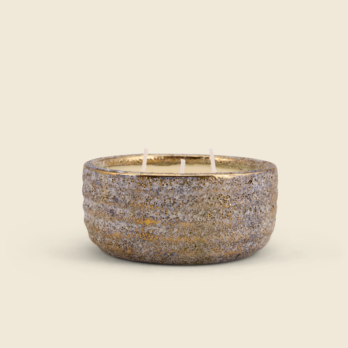 Winter Thyme Small Alchemy Pot Candle side view showing the gold-flecked stone finish