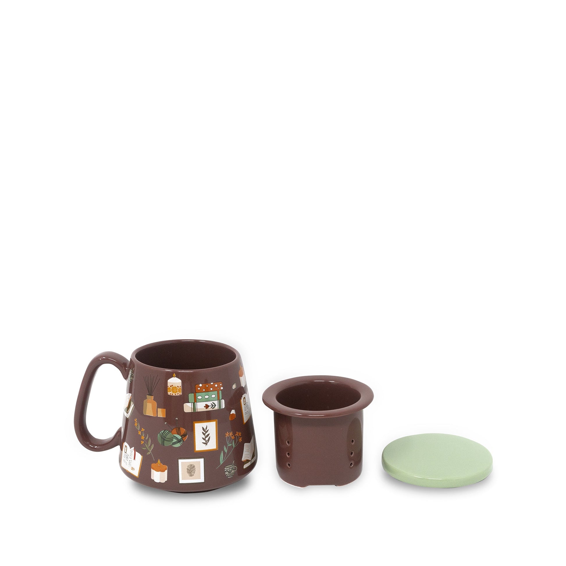 Brown book print tea infuser mug with strainer and sage green lid