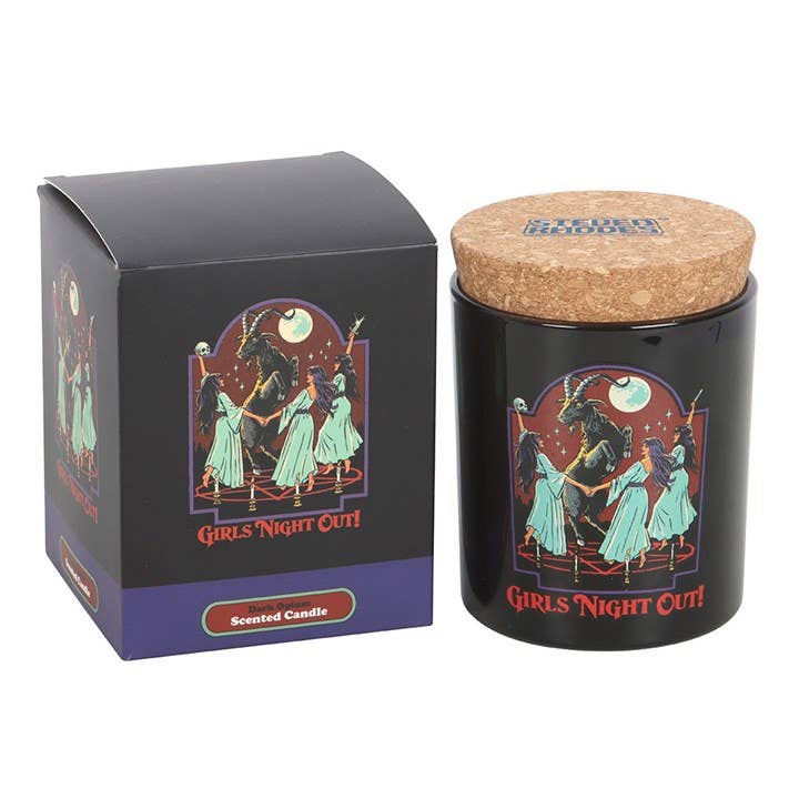 Steven Rhodes candle with cork lid next to black gift box