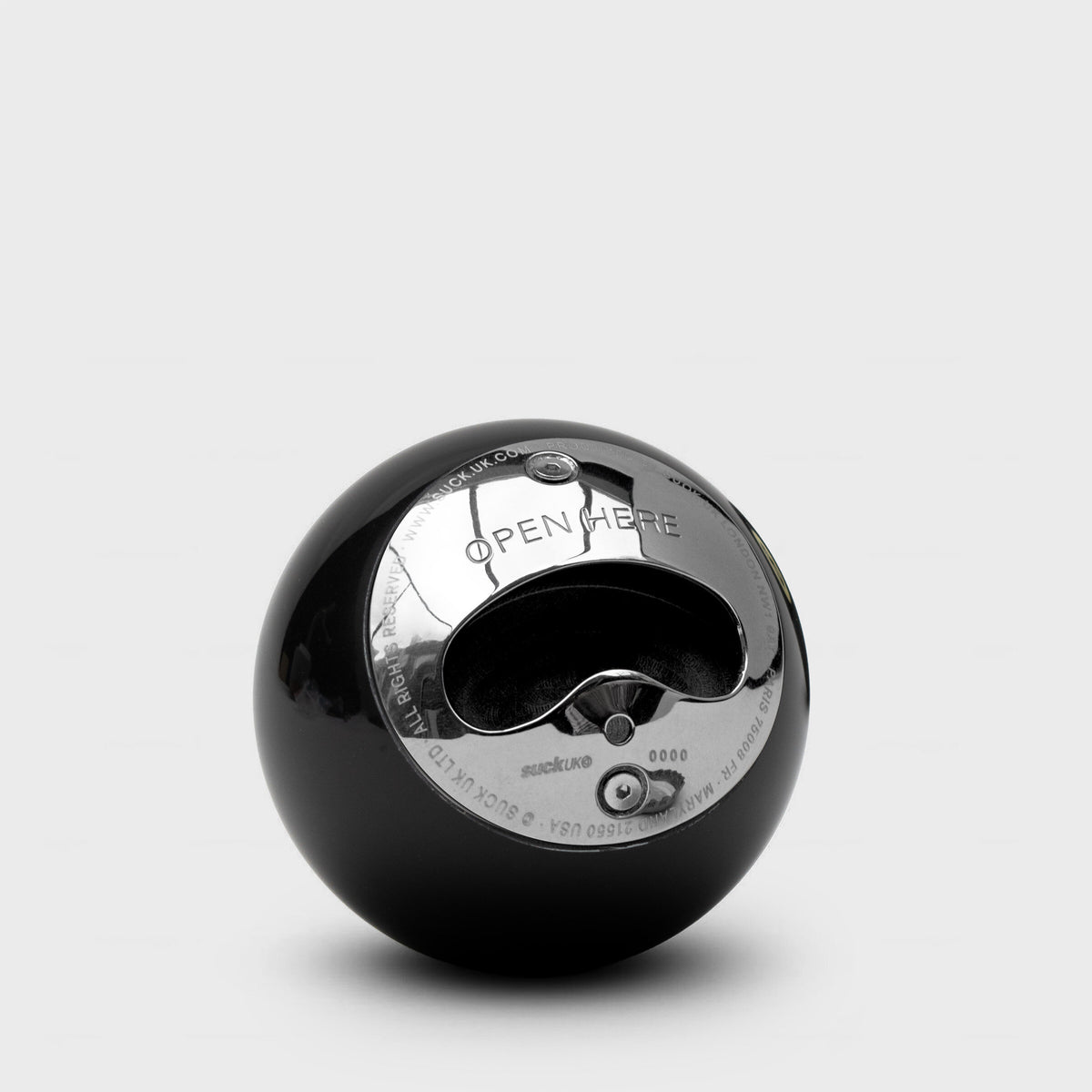 Stainless steel opener insert in the back of the black 8 ball