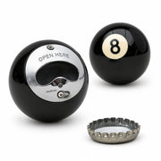 8 ball bottle opener front and back with a bottle cap, grey background