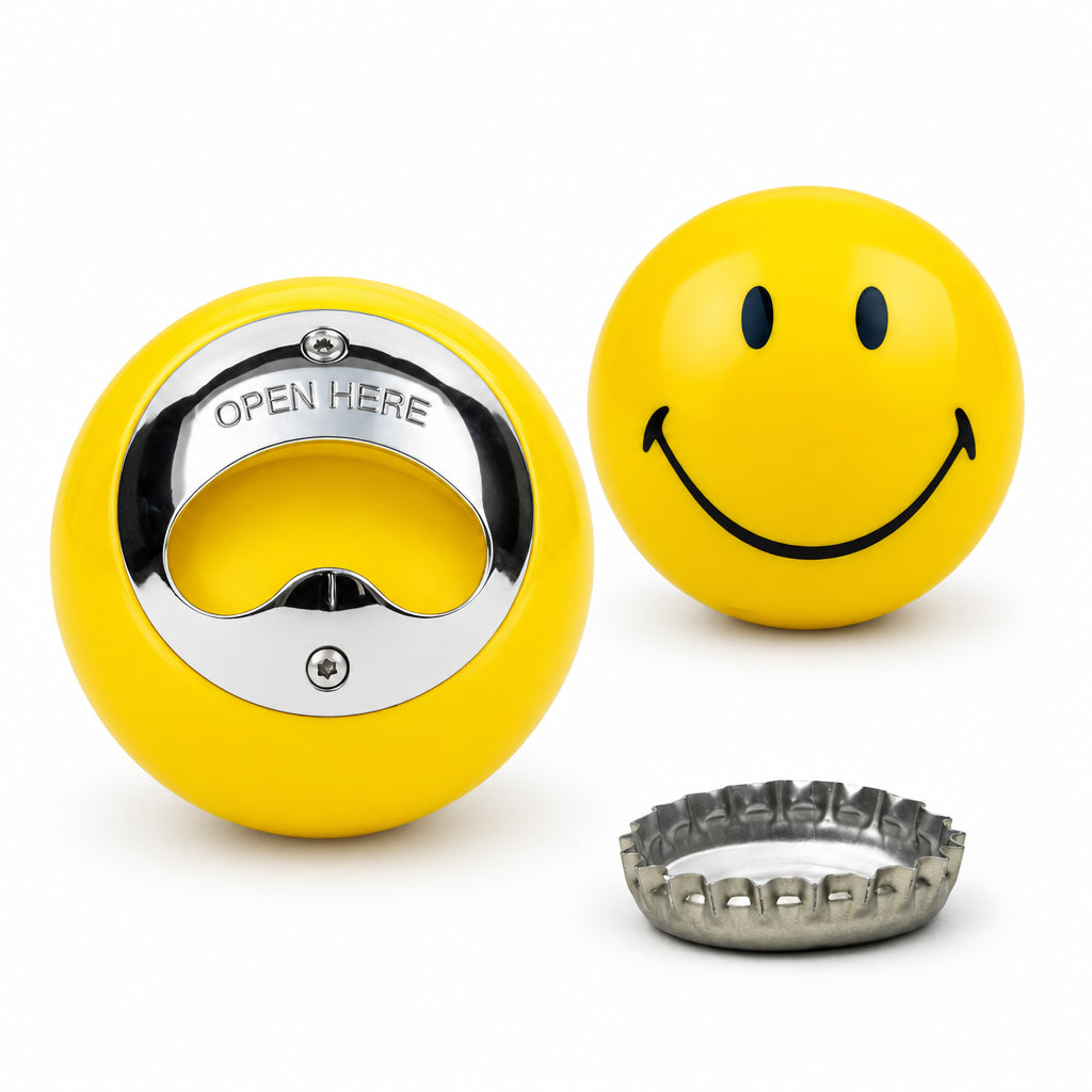 Yellow Smiley bottle opener front and back with a bottle cap, grey background