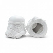 Stormtrooper bottle opener pair showing stainless steel opener underneath, light grey background