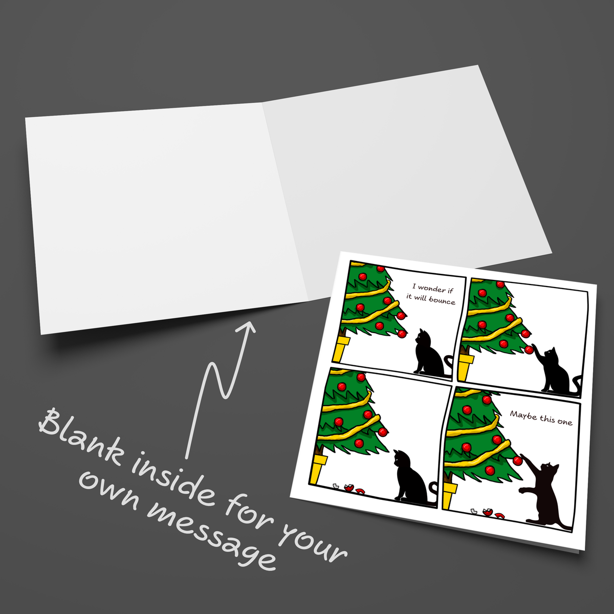 Cat Will It Bounce Christmas Card opened to show the blank inside