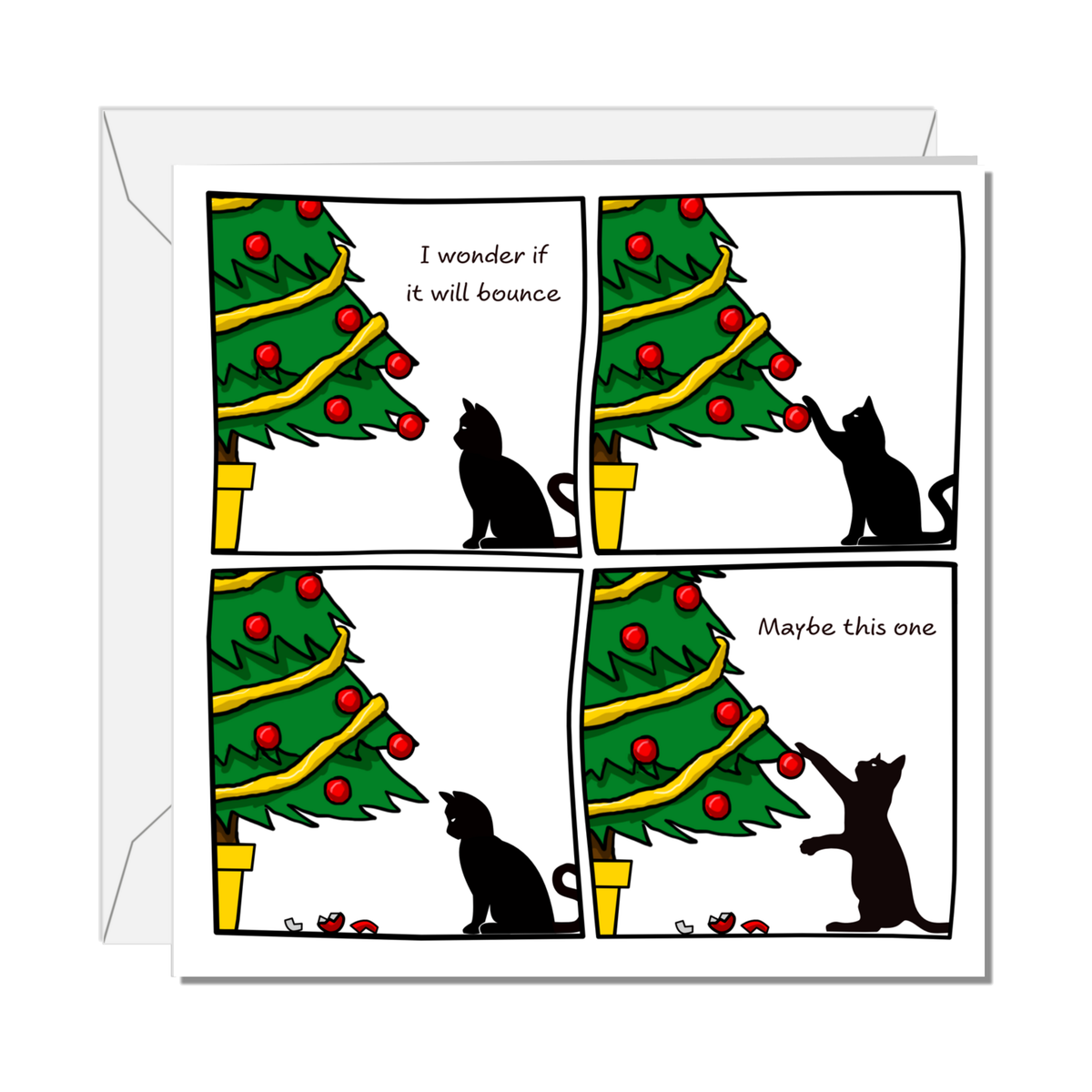 Cat Will It Bounce Christmas Card on a pure white background