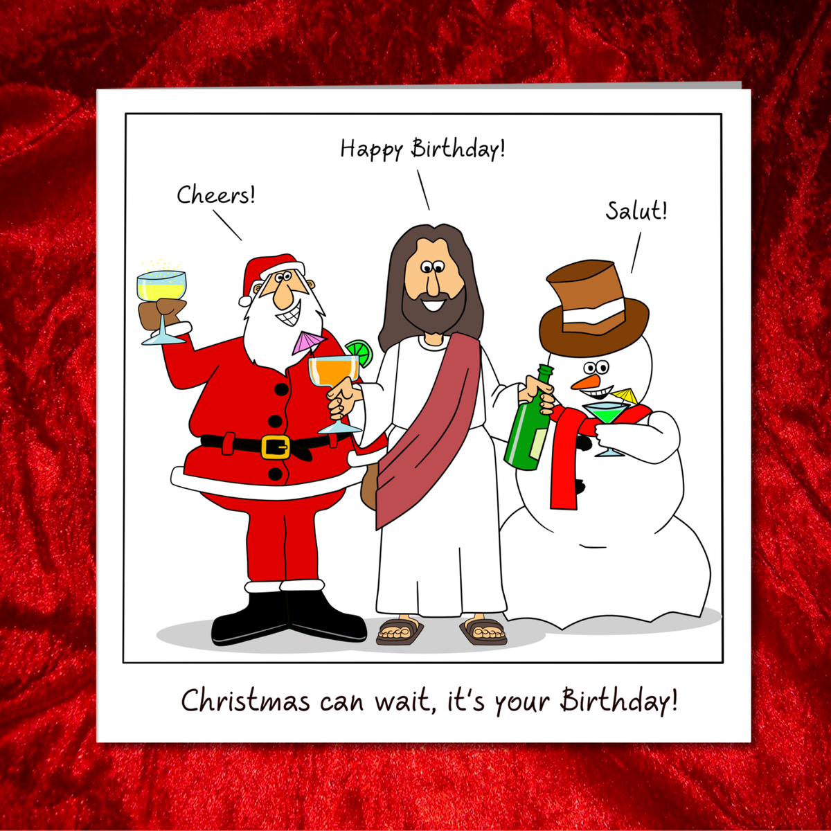 Christmas Can Wait December Birthday Card on festive red velvet