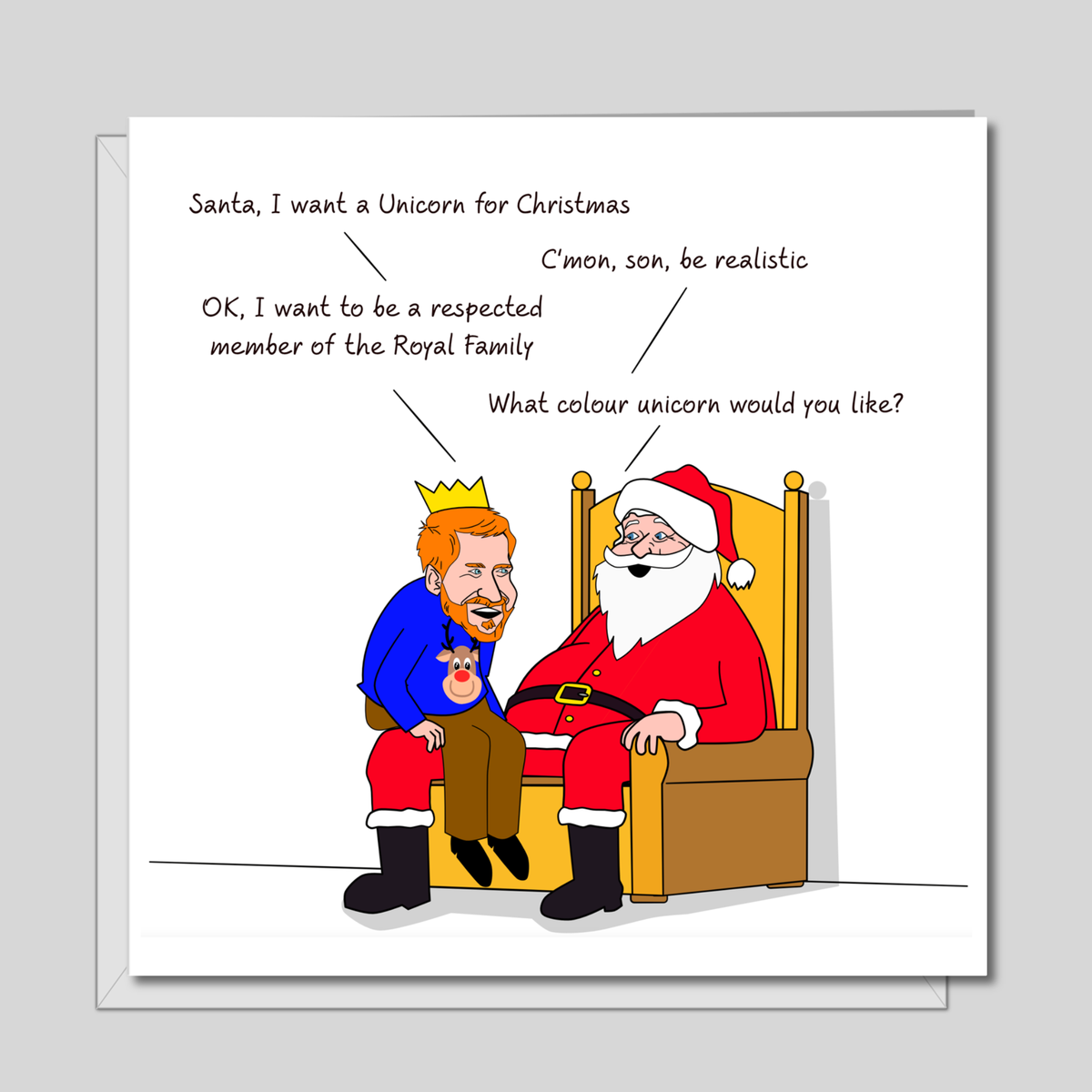 Harry and Santa Unicorn Christmas Card on a soft grey background