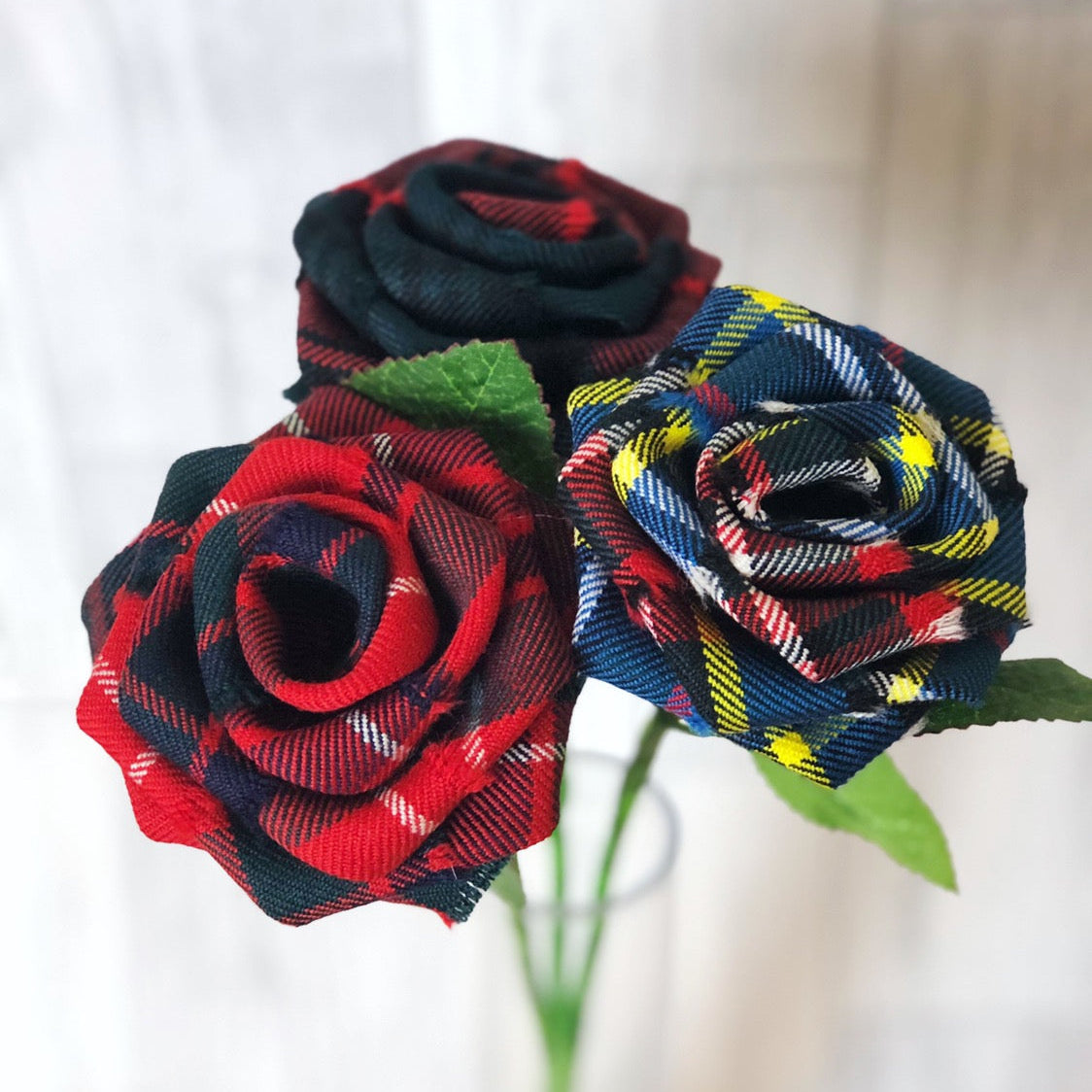 Tartan stem roses trio with green leaves in a glass vase