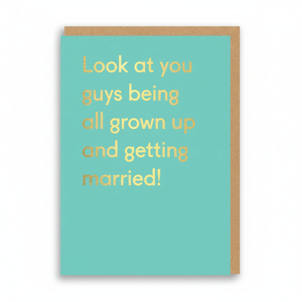 Mint green wedding card with gold foil lettering and no illustration