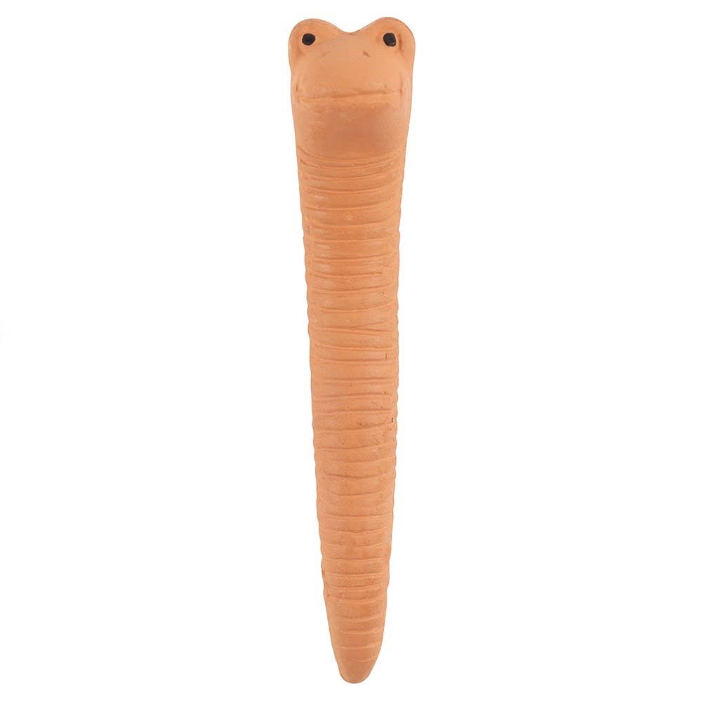 Small Willy the Worm water sensor showing ridged terracotta body