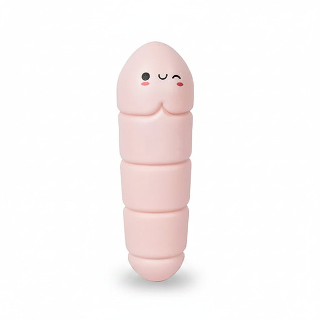 Pink Willy the Worry Worm stress toy on white background