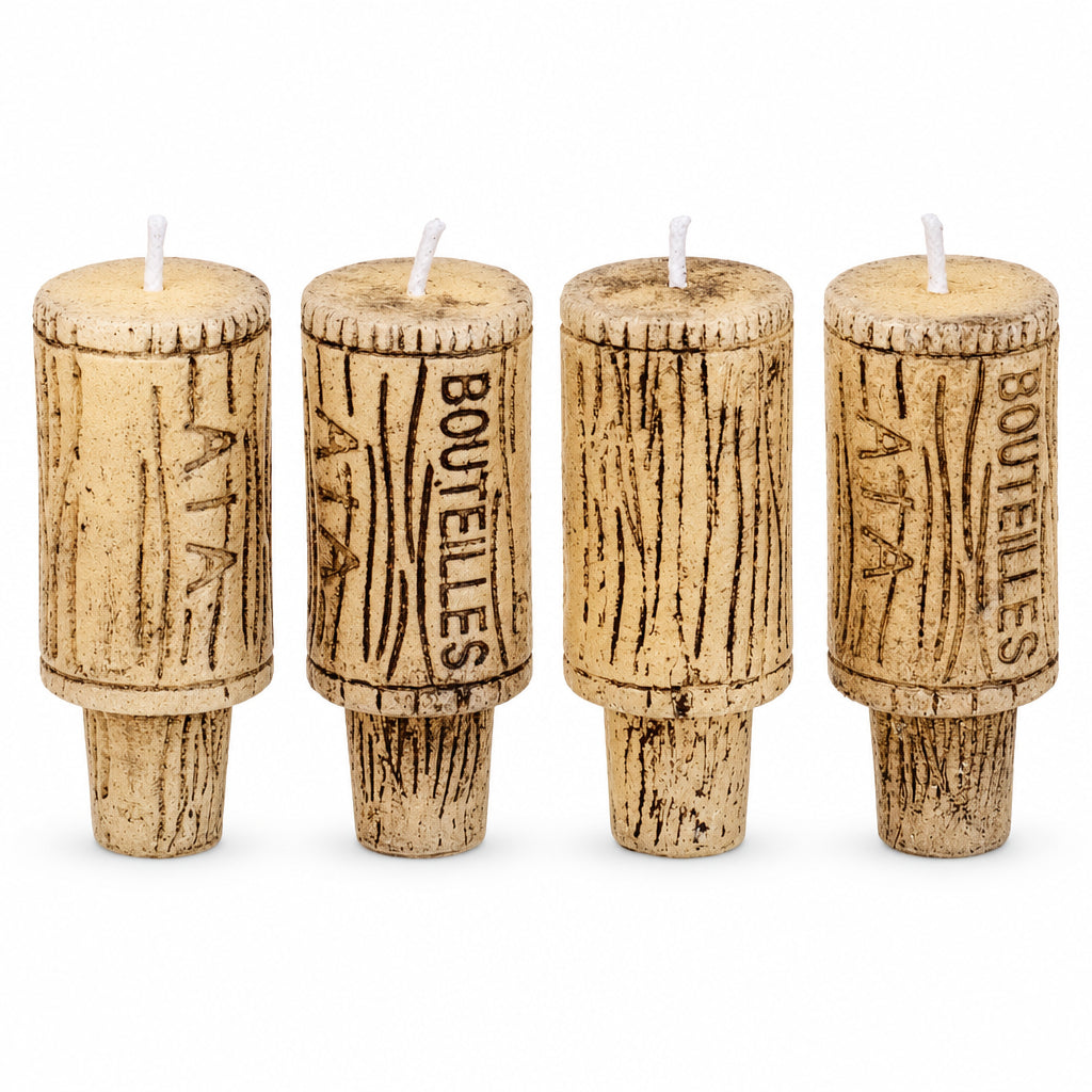 Set of four cork-style candles for wine bottles.