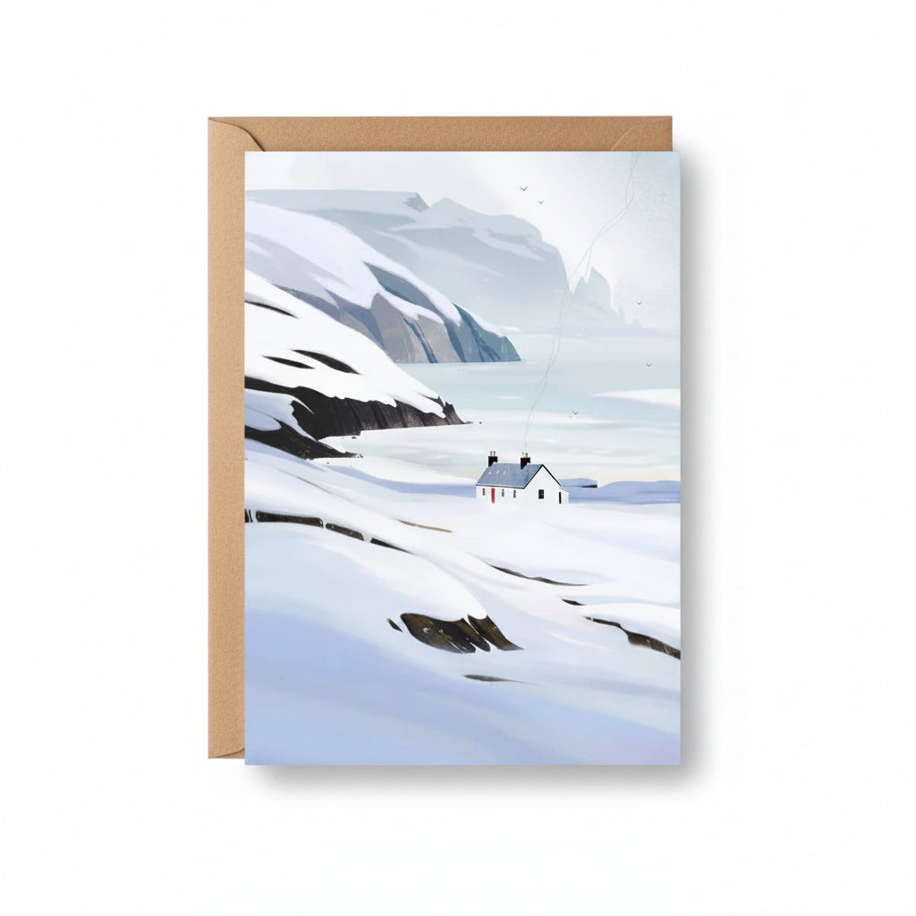 Winter at Kearvaig Bothy greeting card featuring Sara Willia's snowy Scottish landscape artwork with kraft envelope