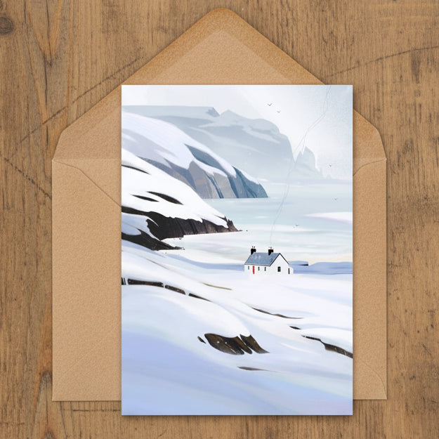 Winter at Kearvaig Bothy, Cosy Cottage Greeting Card