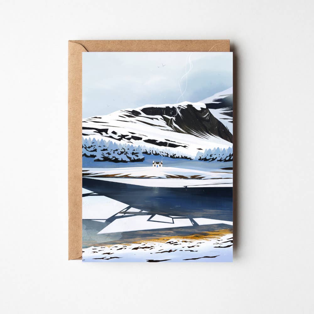 Winter at Loch Eil greeting card featuring Sara Willia's snowy Scottish lochside artwork with kraft envelope