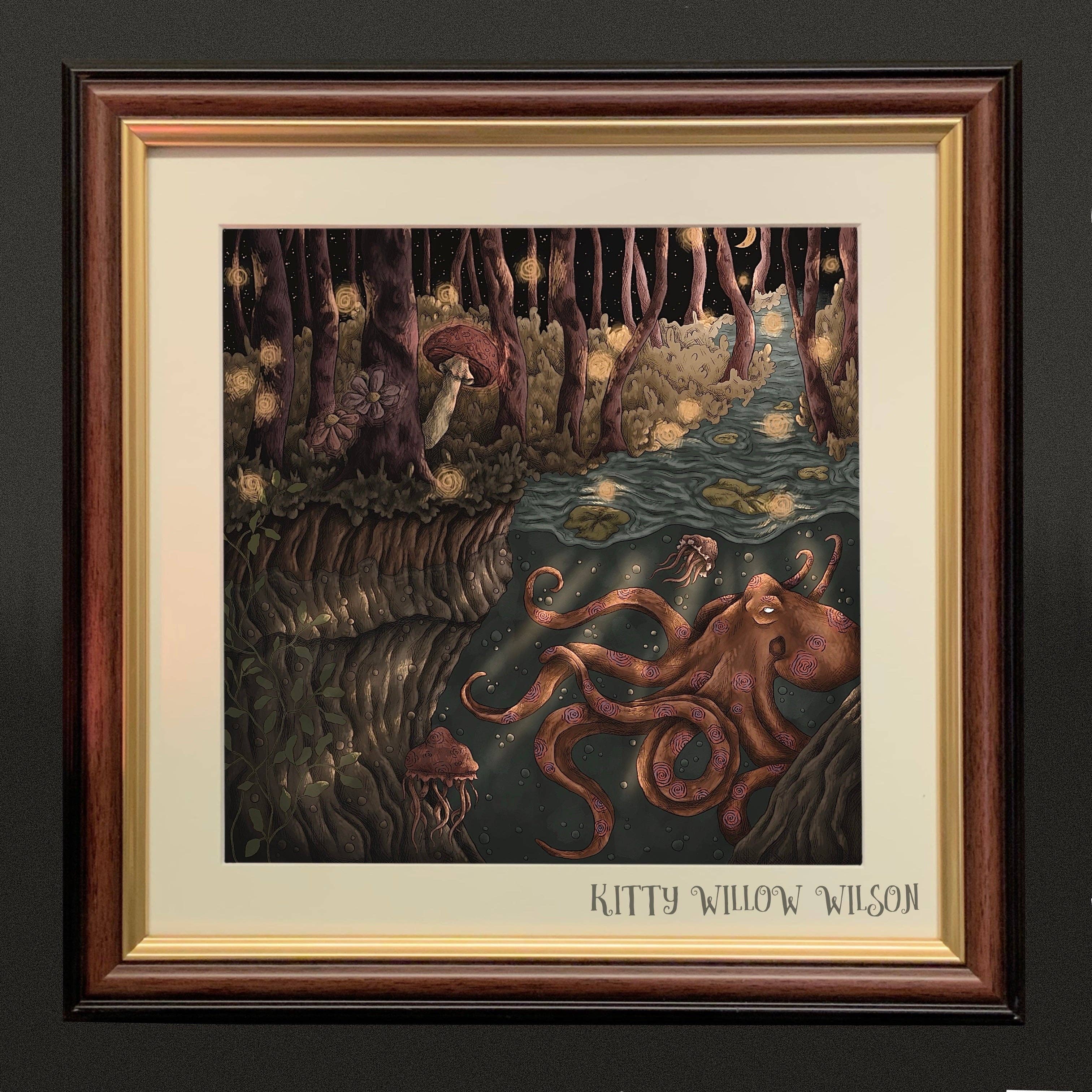 Art print of an octopus in a moonlit underwater garden of roots, shown framed