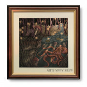 Framed fantasy art print featuring an octopus in a glowing forest river, with the text 'KITTY WILLOW WILSON' at the bottom, shown in a dark wood and gold frame against a black background.