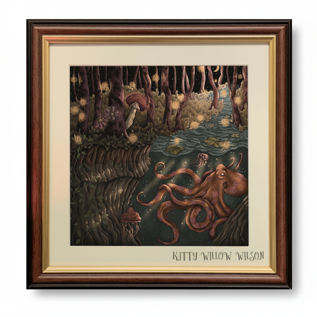 Framed fantasy art print featuring an octopus in a glowing forest river, with the text 'KITTY WILLOW WILSON' at the bottom, shown in a dark wood and gold frame against a black background.