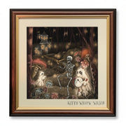 A framed art print featuring a whimsical illustration of a skeleton playing a trumpet in a mushroom forest, with a ghost and a small house in the background. The print is matted with cream paper and enclosed in a dark brown wood frame with gold inner trim, set against a dark background.
