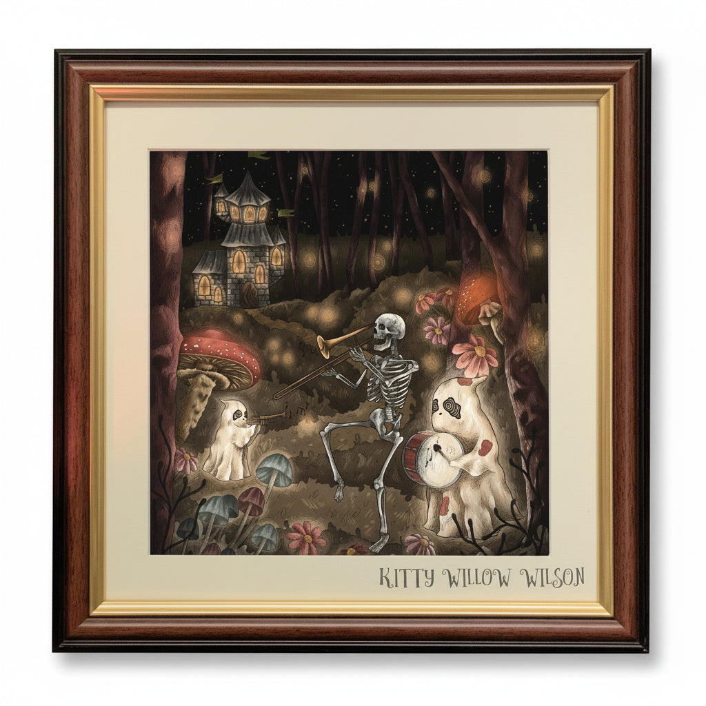 A framed art print featuring a whimsical illustration of a skeleton playing a trumpet in a mushroom forest, with a ghost and a small house in the background. The print is matted with cream paper and enclosed in a dark brown wood frame with gold inner trim, set against a dark background.