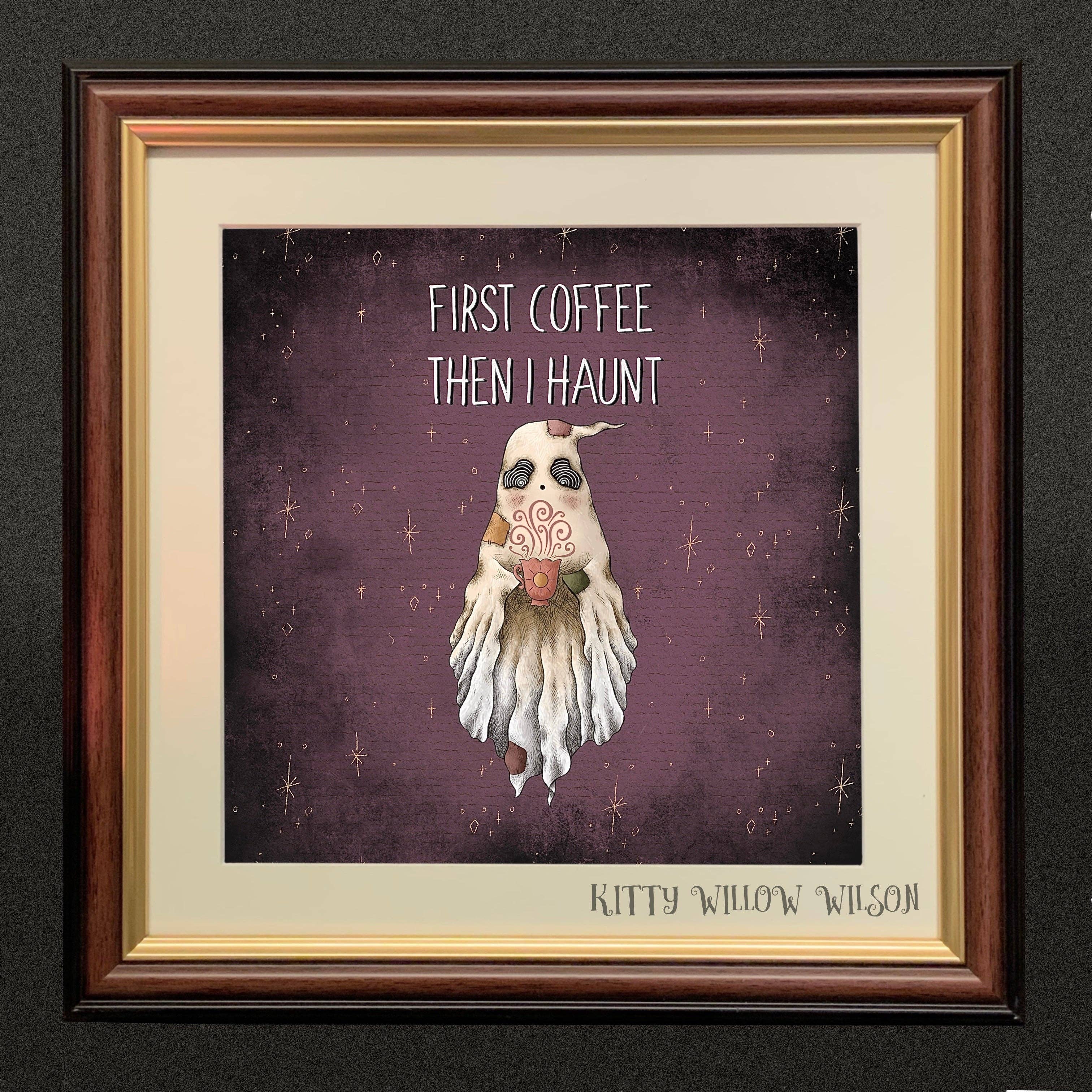 Art print of a ghost holding a coffee cup on a purple starfield, shown framed