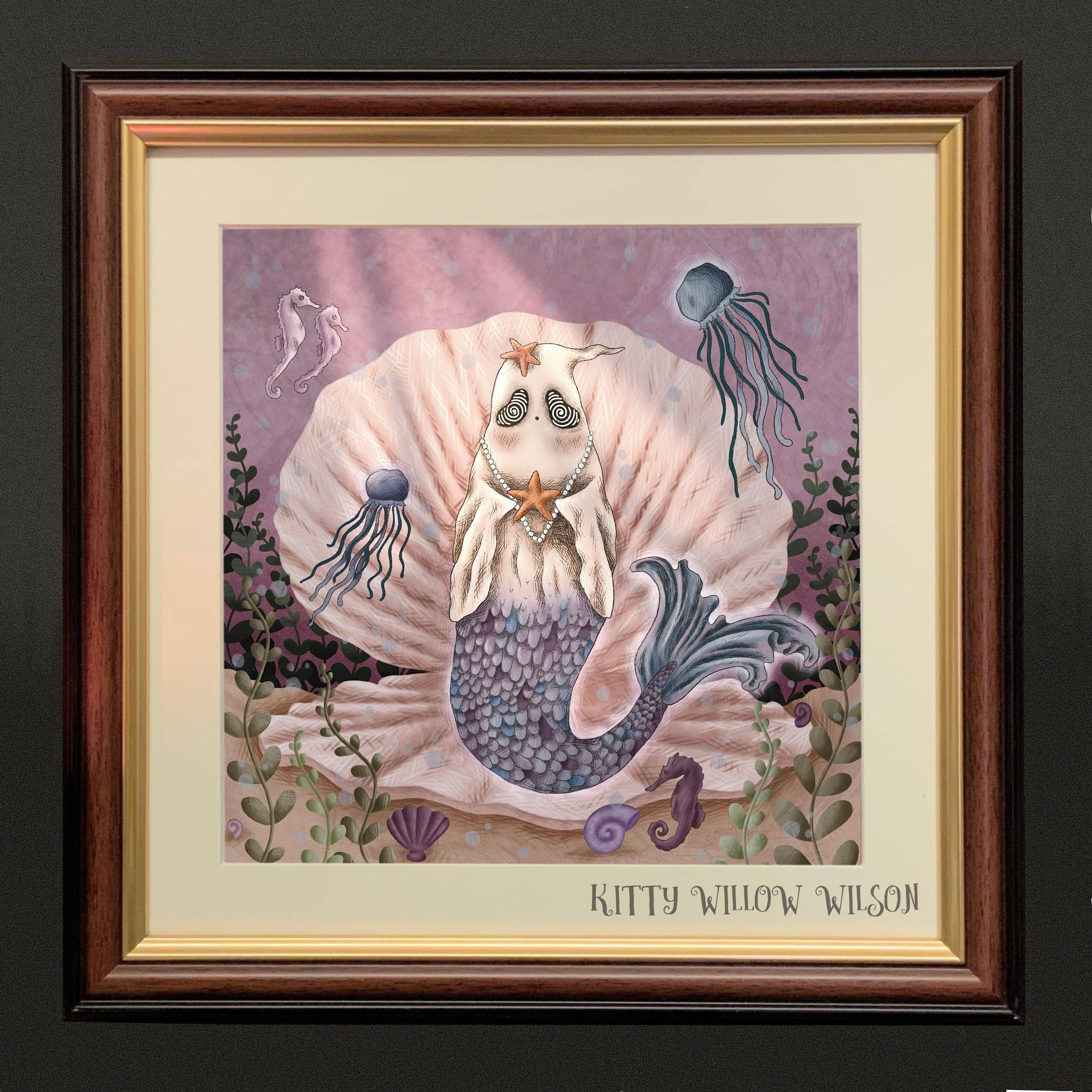 Art print of a ghostly mermaid in a pink shell with jellyfish, shown framed