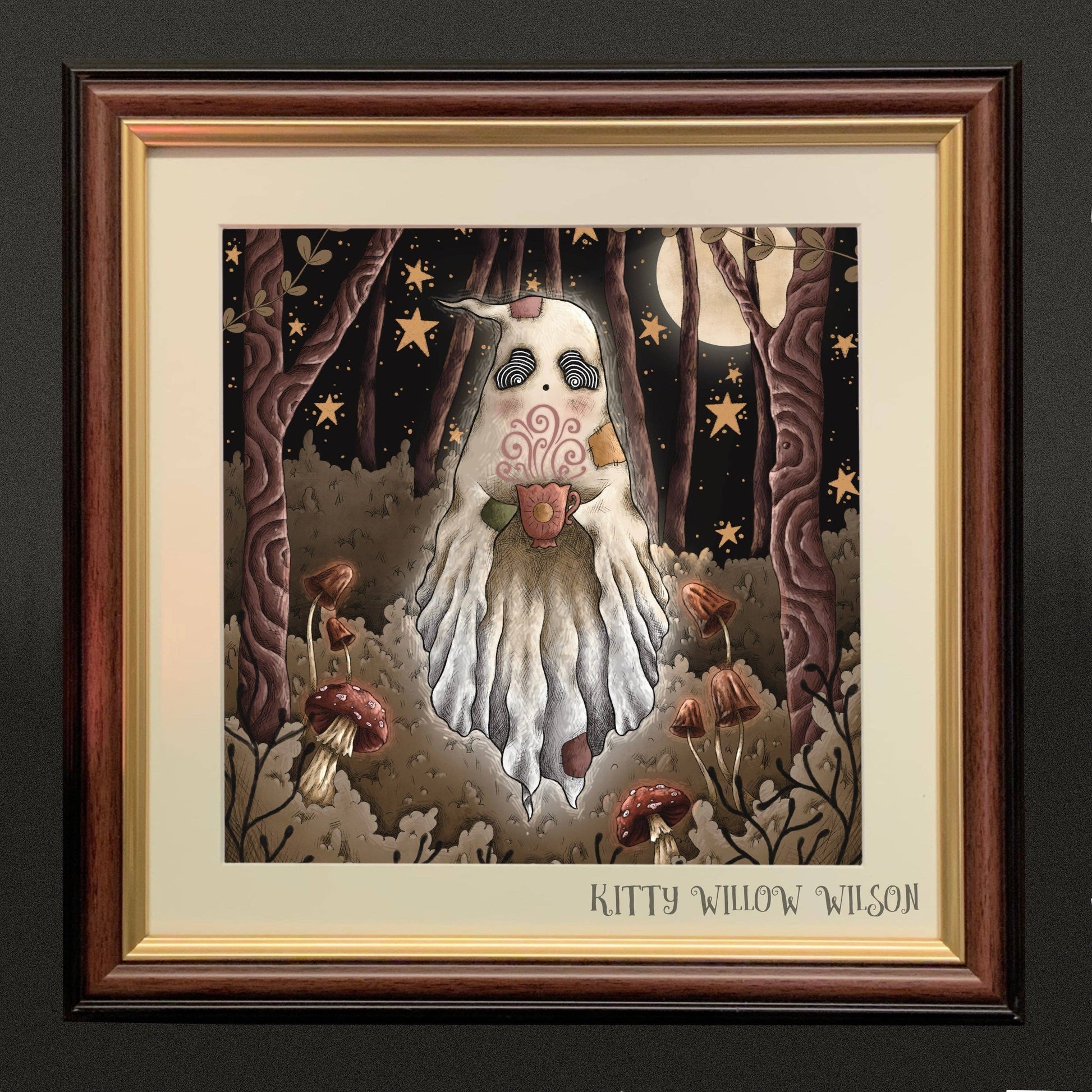 Art print of a ghost holding a floral teacup among toadstools, shown framed