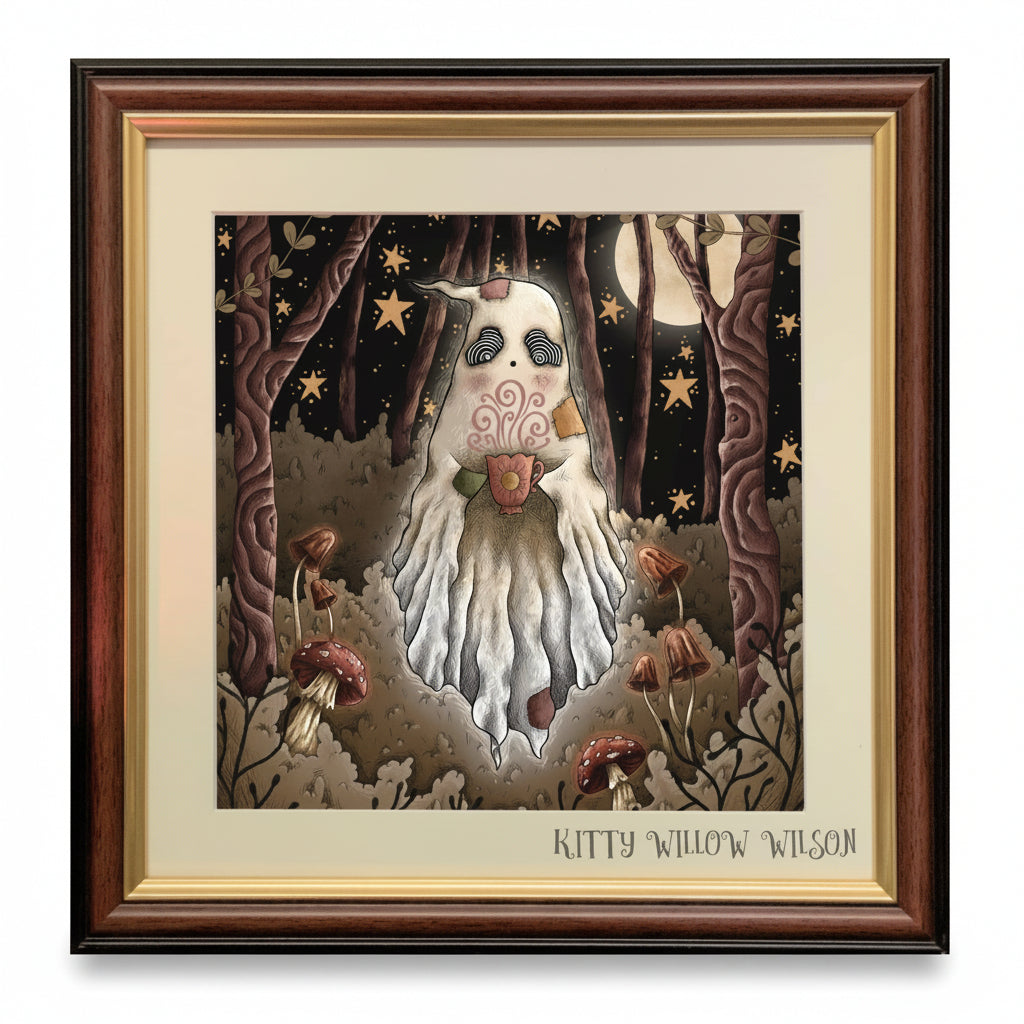 Framed art print featuring a whimsical white ghost-like figure with long flowing hair standing in a dark forest at night, surrounded by mushrooms and stars. The print is mounted with a cream mat and a dark brown wood frame, with the text 'KITTY WILLOW WILSON' printed below the artwork.