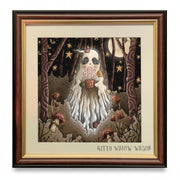 Framed art print featuring a whimsical white ghost-like figure with long flowing hair standing in a dark forest at night, surrounded by mushrooms and stars. The print is mounted with a cream mat and a dark brown wood frame, with the text 'KITTY WILLOW WILSON' printed below the artwork.
