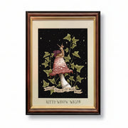 A framed art print featuring a whimsical illustration of a snail wearing a pink mushroom cap and dress, climbing ivy on a black starry background. The print is mounted with a cream mat and a double-edged wood frame in dark brown and gold tones.