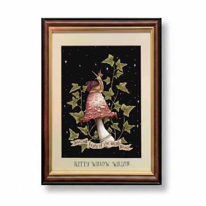 A framed art print featuring a whimsical illustration of a snail wearing a pink mushroom cap and dress, climbing ivy on a black starry background. The print is mounted with a cream mat and a double-edged wood frame in dark brown and gold tones.