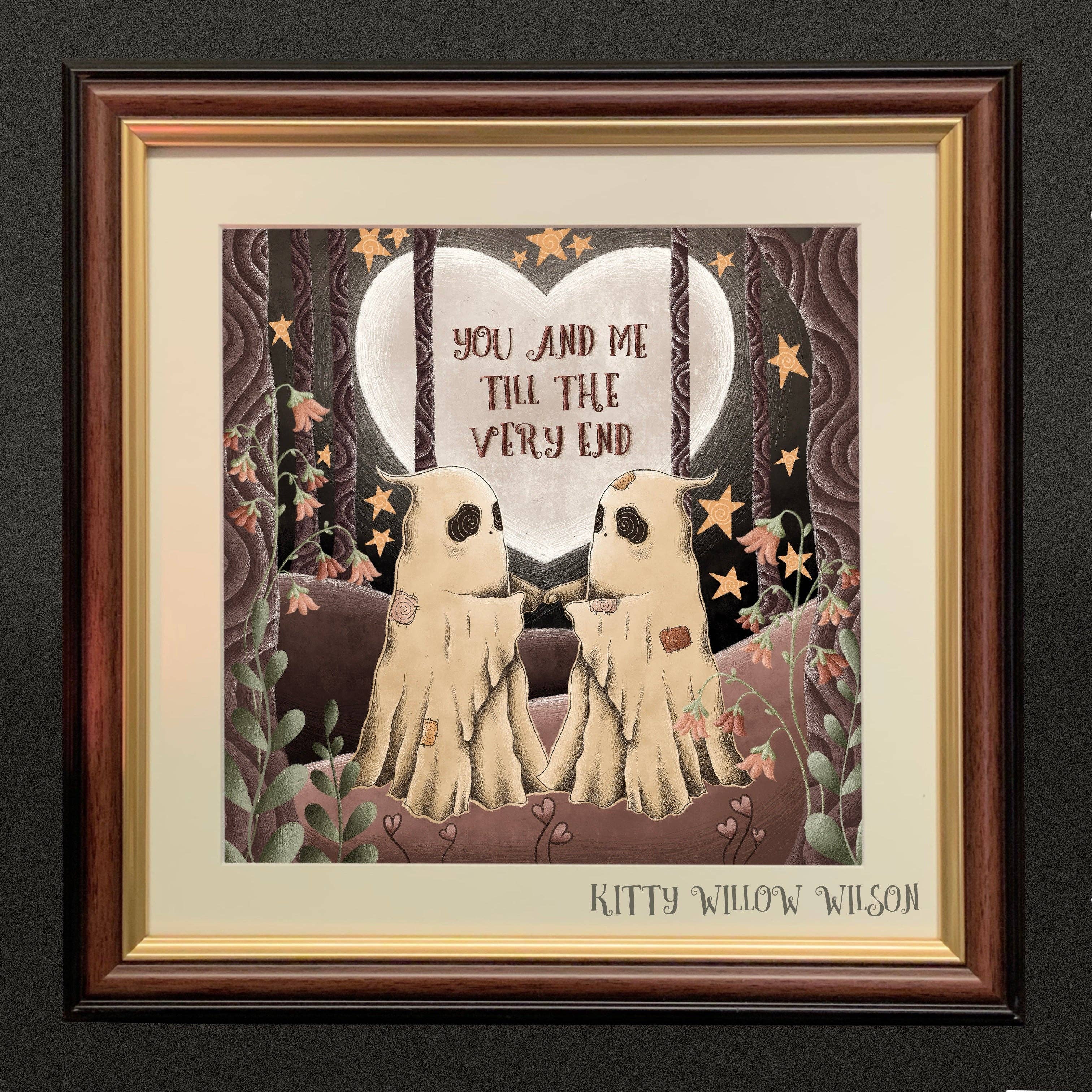 Art print of two ghosts holding hands under a heart-shaped moon, shown framed