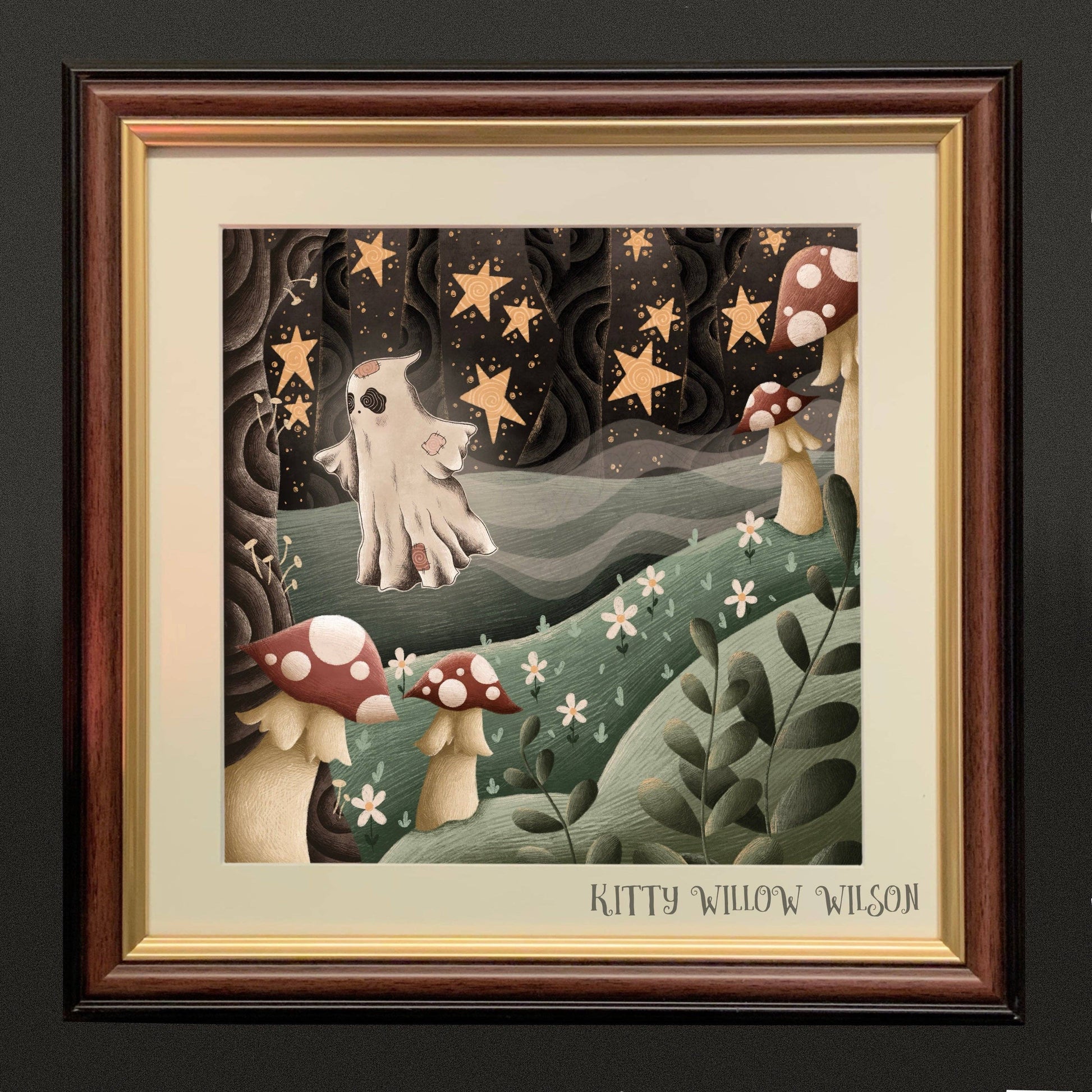Art print of a ghost among green woodland toadstools and stars, shown framed