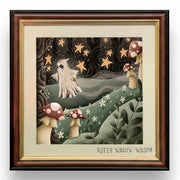 Framed art print featuring a whimsical forest illustration with a ghost-like figure, glowing stars, and red-and-white mushrooms, mounted in a dark wood frame with a cream mat and the text 'KITTY WILLOW WILSON' at the bottom.