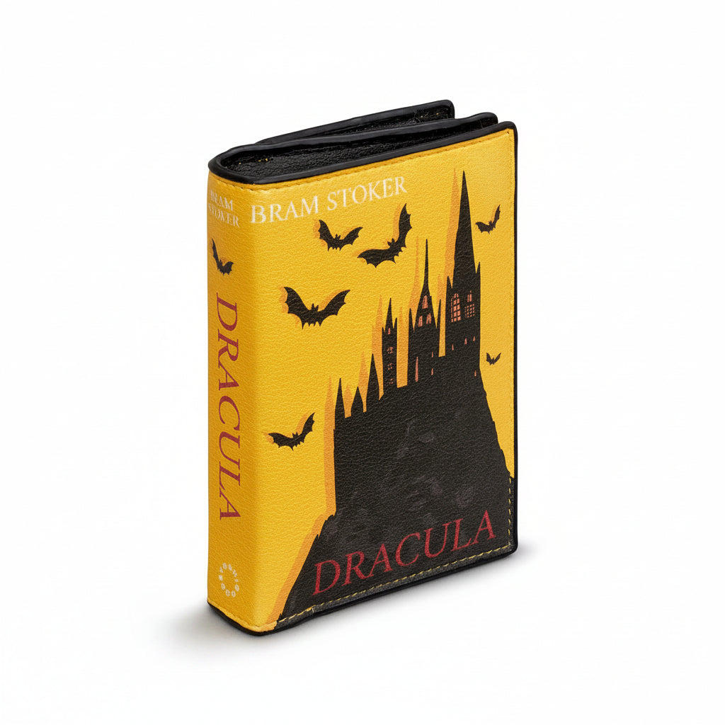 Dracula book purse side angle showing spine and book shape on white background