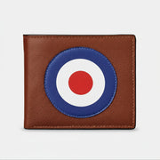 Mod brown leather wallet front view with blue white red target on white background