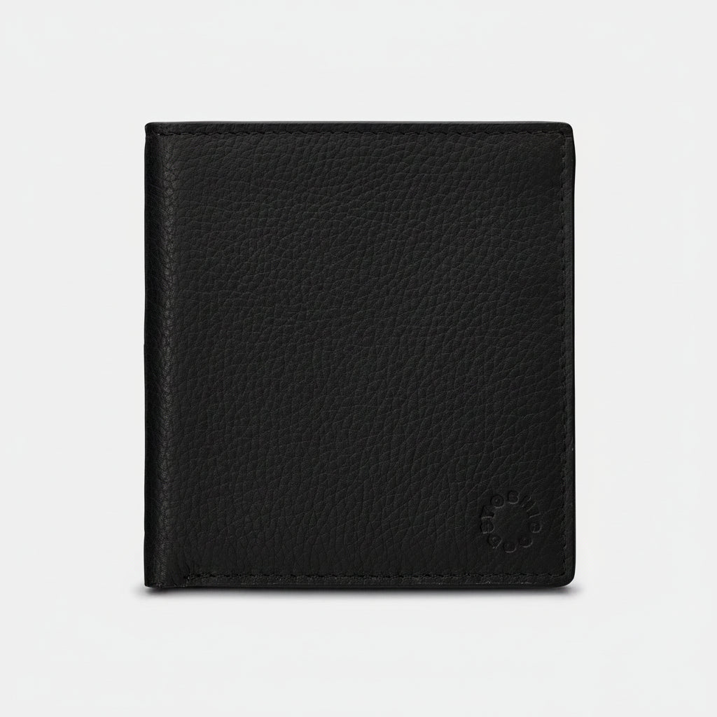 Black leather wallet closed front view with Yoshi logo on grey background