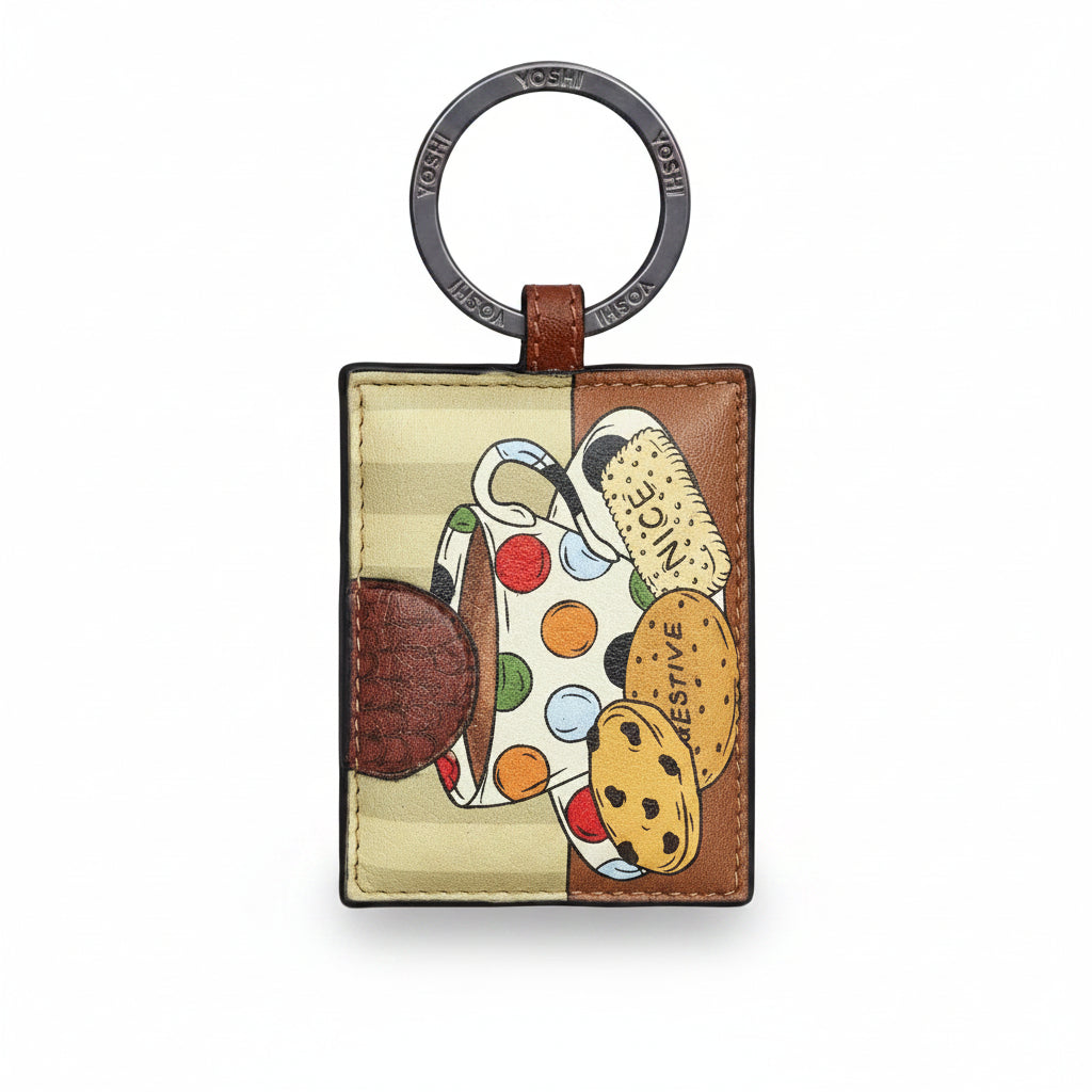 Yoshi Tea and Biscuits leather keyring showing hand-drawn teacup and biscuit design