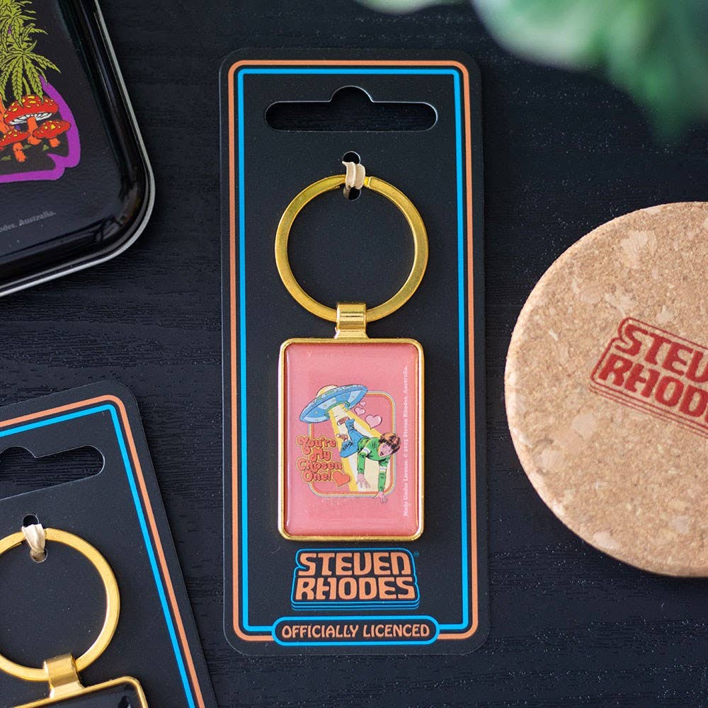 You're My Chosen One enamel keyring by Steven Rhodes showing UFO abduction design