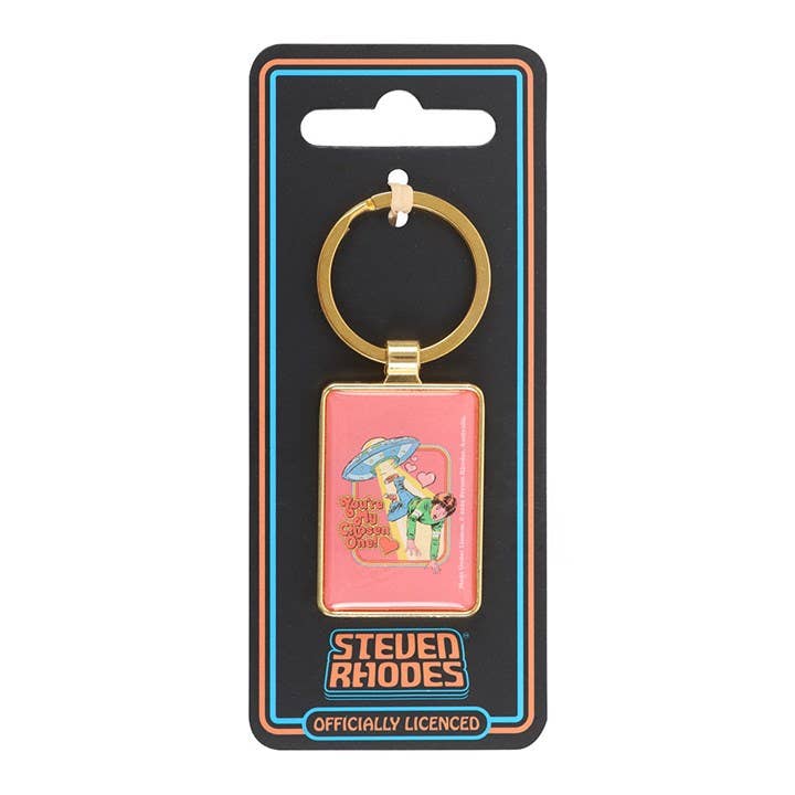 Close-up of You're My Chosen One keyring pink enamel UFO design
