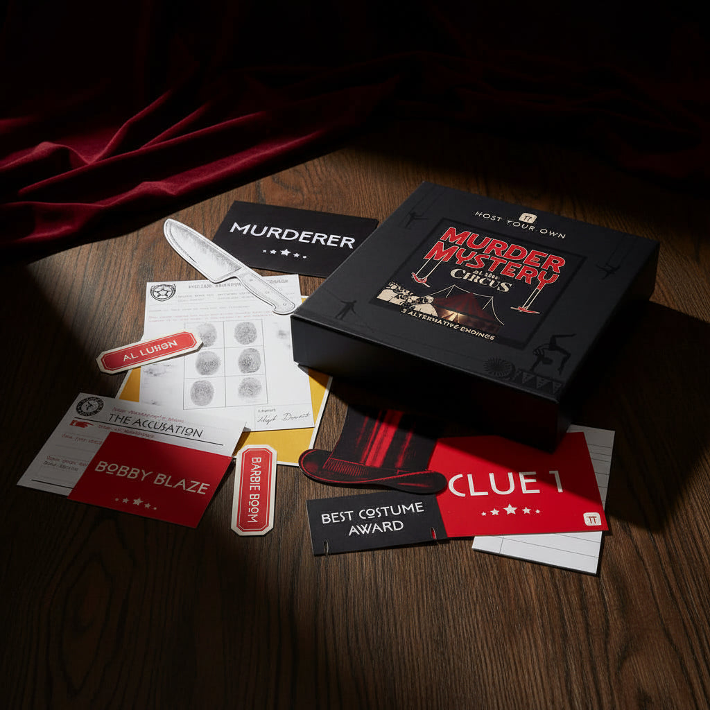 The open box of the Host Your Own Murder Mystery puzzle game Circus Edition with the contents lying to the side.
