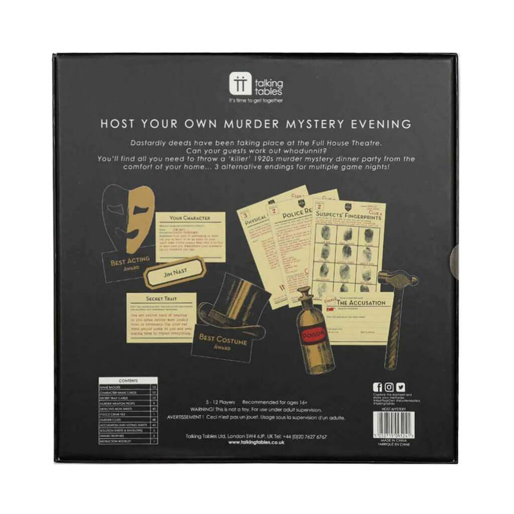 Back of the Host Your Own Murder Mystery Circus edition game box with the instructions