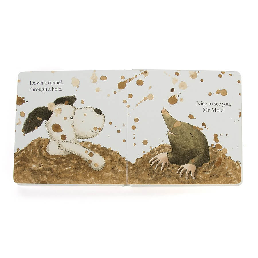 Jellycat Puppy Makes Mischief inside view of book with illustrations