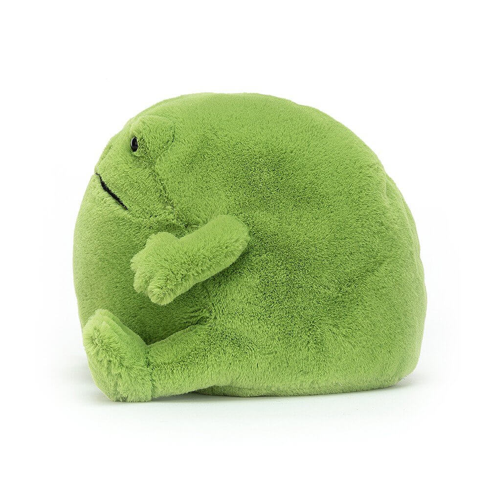 Side view of Green Jellycat amphibifriends frog soft toy.