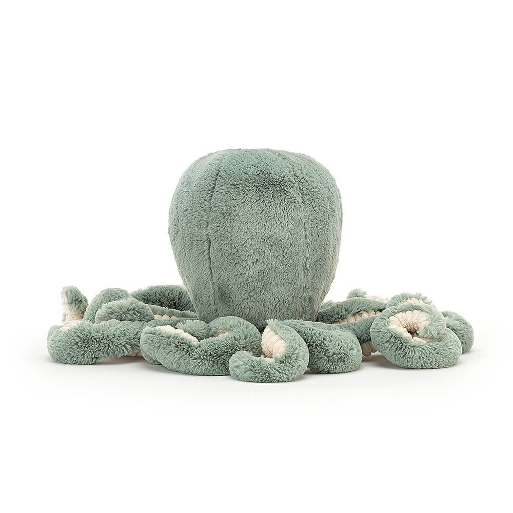 From behind Jellycat Odyssey Octopus children’s soft toy.