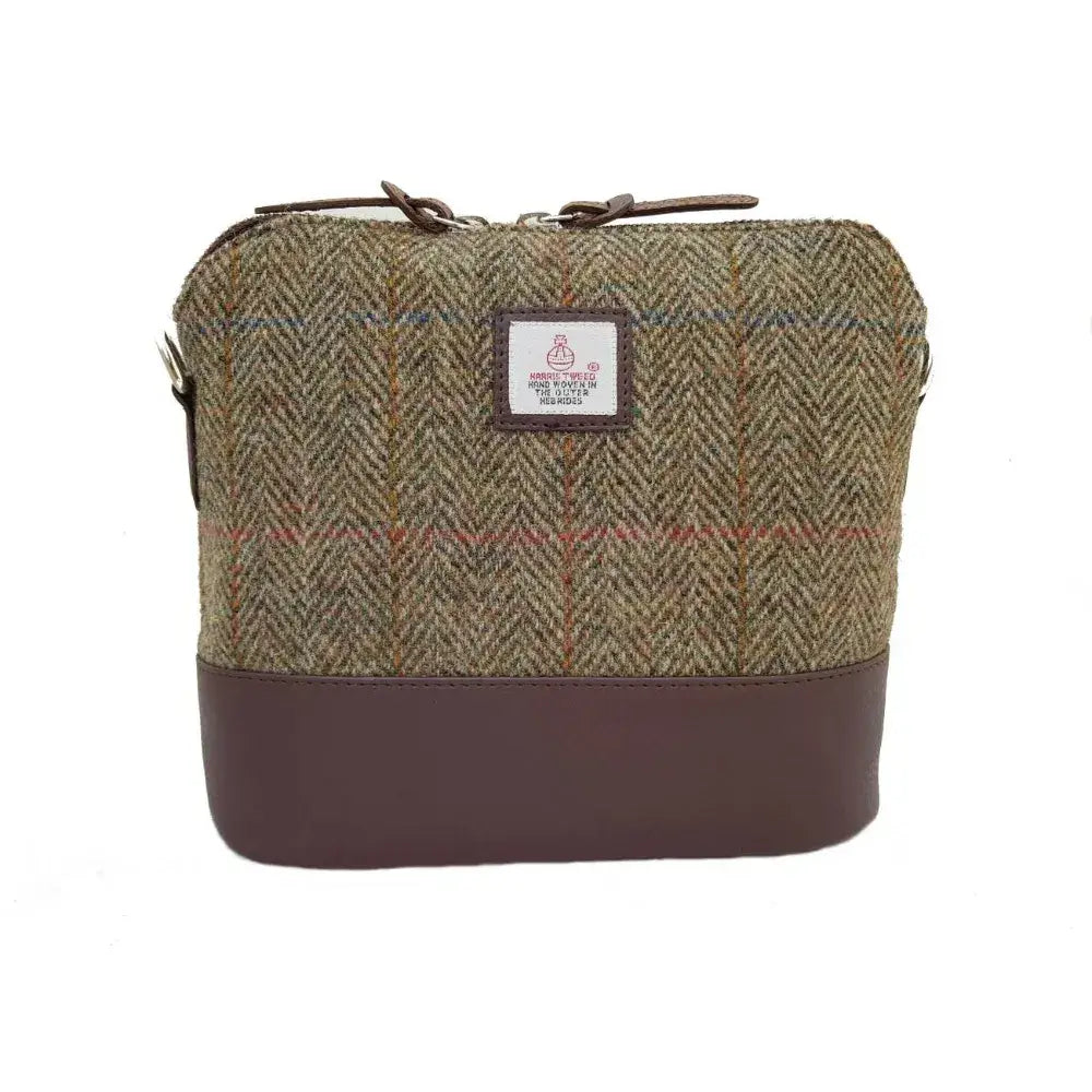 Maccessori Harris Tweed Square Shoulder Bag with a Brown and green herringbone pattern.