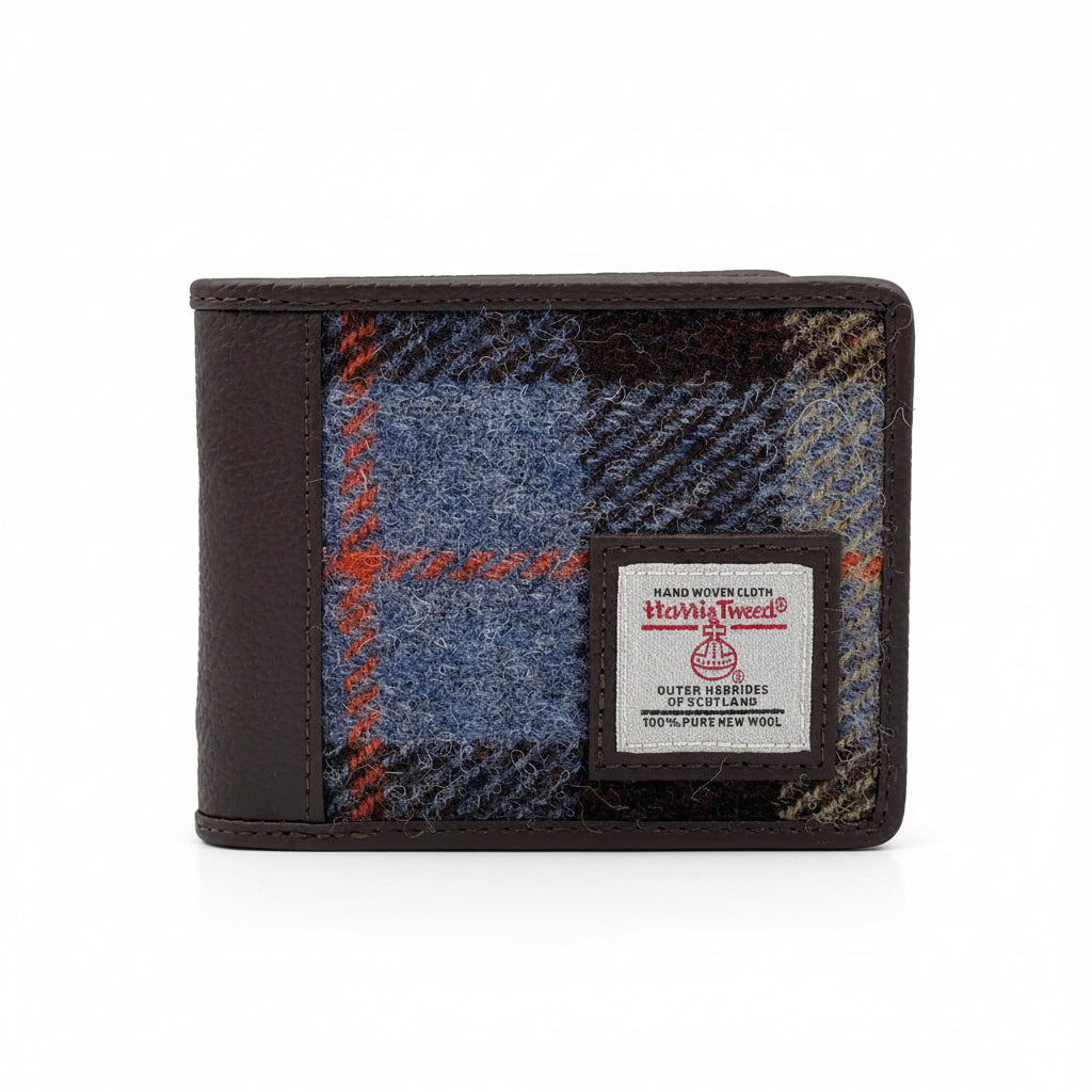 Mens Harris Tweed Wallet in a blue, grey and brown check tartan.