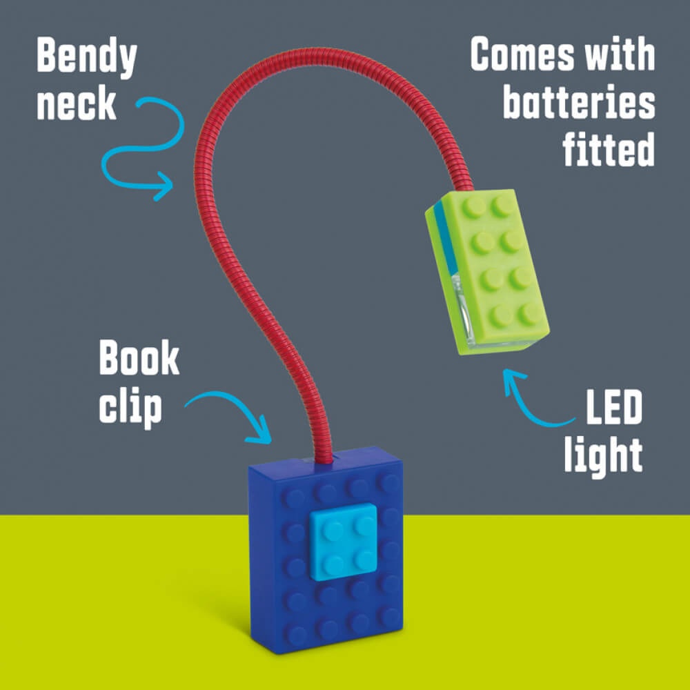Blue and green Blocky Book Light infographic showing bendy neck and LED