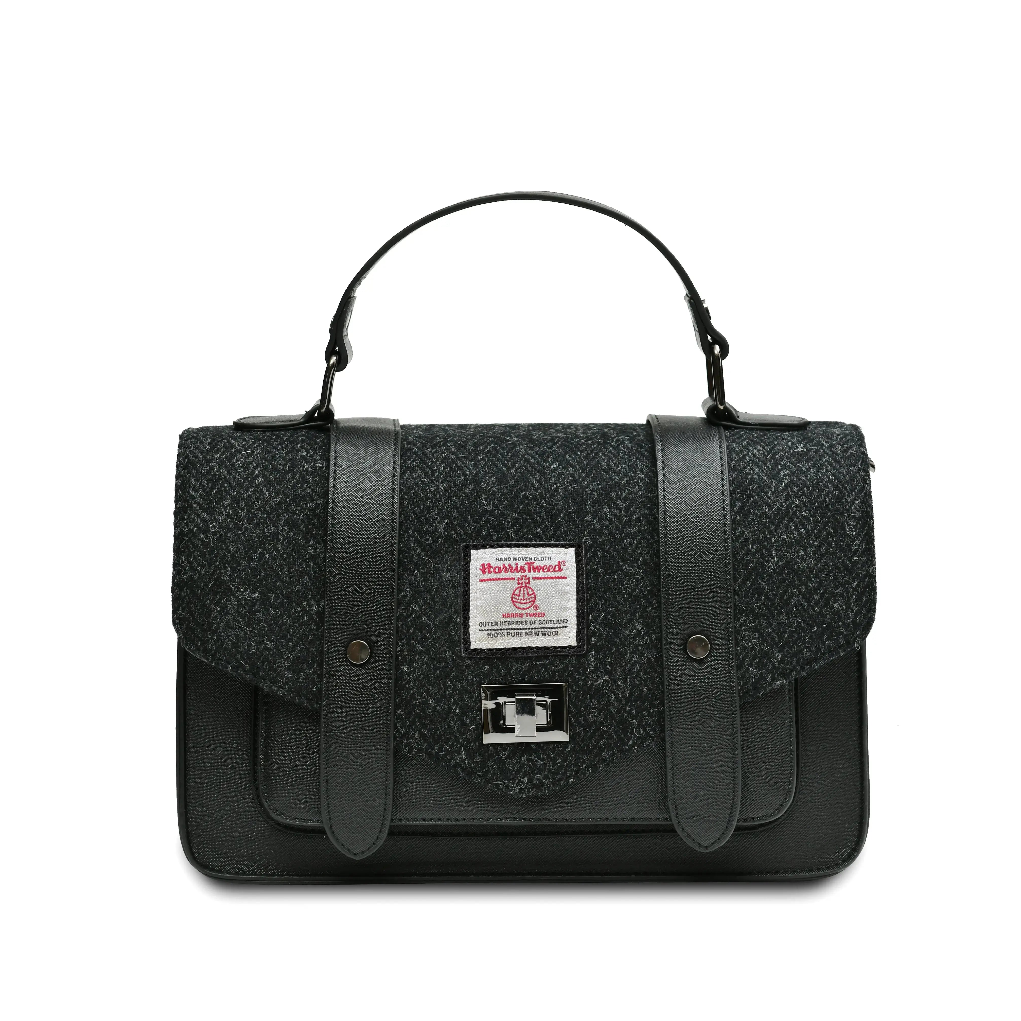 Islander Black Herringbone Harris Tweed satchel style handbag without the shoulder strap.
